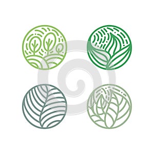 Set of tropical plant green leaves logo. Round bio emblem in a circle linear style. Vector abstract badge for design of