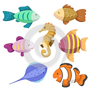 Set of tropical sea and ocean animals. Seahorse, clown fish, stingray and different types of fish.