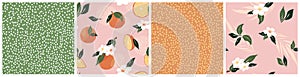 Set of Tropical seamless pattern with oranges  flower  leaf  dots. Simple trendy fruit repeated background. Vector exotic design