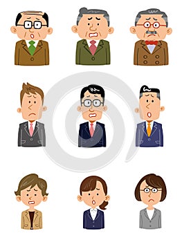 Set of troubled faces of people working in the office, various ages, genders