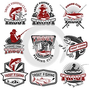 Set of trout fishing emblems isolated on white background. Design elements for logo, label, emblem, poster, t-shirt. Vector illus