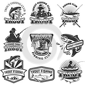 Set of trout fishing emblems isolated on white background. Design elements for logo, label, poster, t-shirt. Vector illustration.