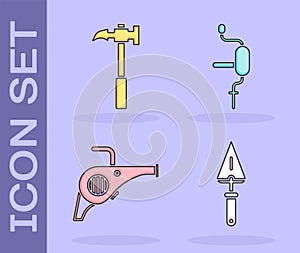 Set Trowel, Claw hammer, Leaf garden blower and Hand drill icon. Vector