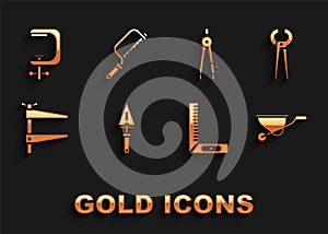 Set Trowel, Pincers and pliers, Wheelbarrow, Corner ruler, Clamp tool, Drawing compass, screw and Hacksaw icon. Vector