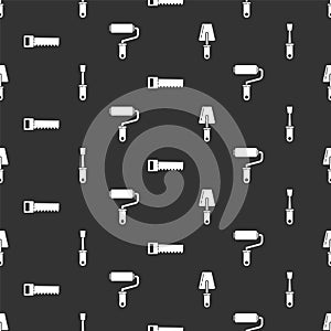 Set Trowel, Screwdriver, Hand saw and Paint roller brush on seamless pattern. Vector