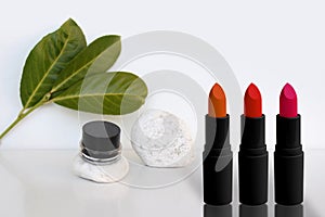 Set of tubes of lipstick stand on a white background with vibrant green leaves, lip gloss in a black jar on a stone, make-up, the