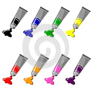 A set of tubes of paint in different colors. Black, blue, Yellow, Green, Red, Orange, Pink, Purple