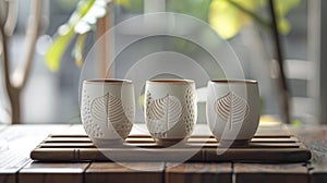 A set of tumblers featuring handcarved patterns inspired by the intricate s of a leaf adding a touch of earthiness to