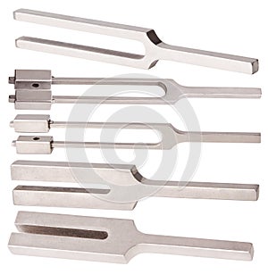 Set of Tuning Forks for hearing tests isolated. Medical equipment of otolaryngologist ENT.