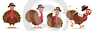 Set of turkey character in different poses on a white. Thanksgiving Day