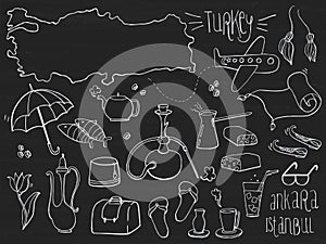 Set of Turkey map, icon, doodles on chalkboard. Hand drawn sketched. Vector Illustration.