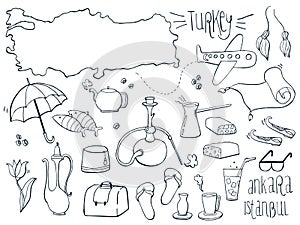 Set of Turkey map, icon, doodles. Hand drawn sketched. Vector Illustration.