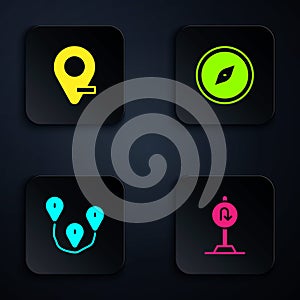 Set Turn back road sign, Location, Route location and Compass. Black square button. Vector