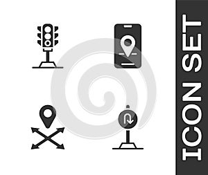 Set Turn back road sign, Traffic light, Location and City map navigation icon. Vector