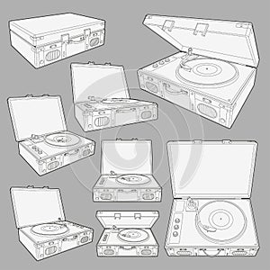 Set with turntable vinyl record. Collection with 3d views retro old vintage turntables. Isolated