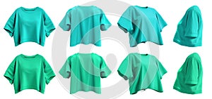 2 Set of turquoise blue green woman loose cropped midriff tee t shirt round neck front, back and side view on transparent, PNG photo