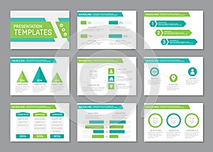 Set of turquoise and green template for multipurpose presentation slides with graphs and charts. Leaflet, annual report