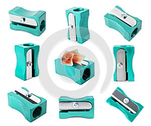 Set with turquoise pencil sharpeners on white background