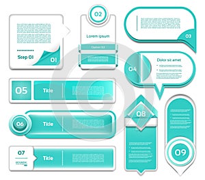 Set of turquoise vector progress, version, step icons.