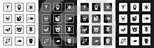 Set Turtle, Swan bird, Deer head with antlers, Giraffe, Fish, Paw print, Wild boar and Whale icon. Vector