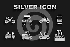 Set TV News car, Train and railway, Sailboat, Tow truck, Delivery, Taxi, Bicycle and Car icon. Vector