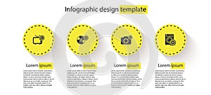 Set Tv setting, CD or DVD disk, Photo camera and Washer. Business infographic template. Vector