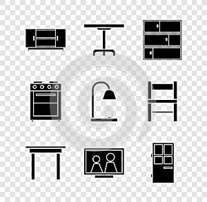 Set TV table stand, Round, Shelf, Wooden, Picture frame on, Closed door, Oven and Table lamp icon. Vector