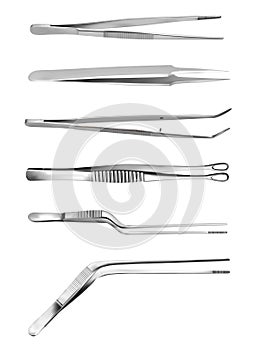 Set of tweezers. Long serrated angled tweezers, anatomical forceps, dental straight surgical pincers, curved tweezers