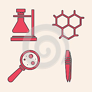 Set Tweezers, Test tube flask on stand, Chemical formula and Microorganisms under magnifier icon. Vector