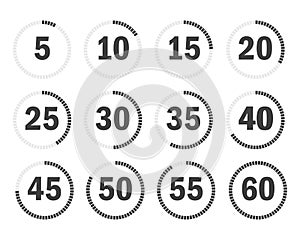 Set of twelve circular timer icons for countdown from five to sixty for interface design elements.