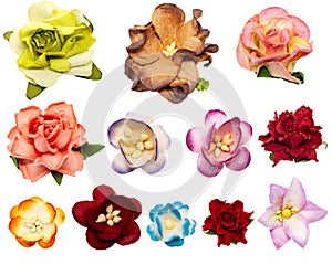Set of twelve colored paper flowers for scrapbooking, isolated on white background