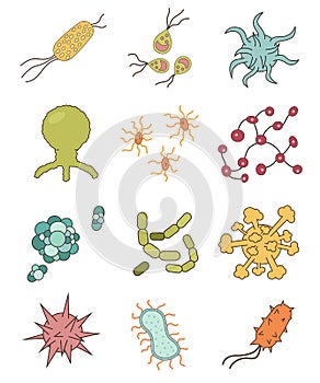 Set of twelve colorful viruses and bacteria