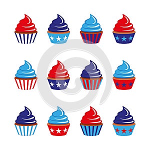 set of twelve cupcakes in blue and red colors