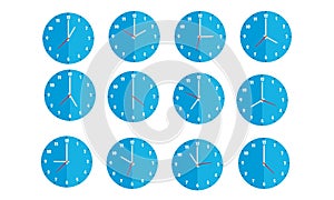 Set of twelve flat blue round design wall clocks isolated on white background, from one to twelve