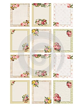 Set of twelve Printable vintage shabby chic style floral rose stationary on wood and paper background