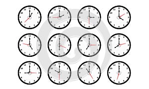 Set of twelve round black color wall clocks isolated on white background , from one to twelve