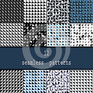 Set of twelve seamless patterns. Seamless stylish modern geometric backgrounds with repetition of triangles with rounded co