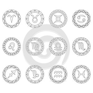 Set twelve signs of zodiac symbols in round frames - black and white outline - adult coloring book page