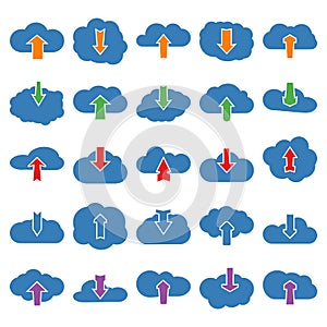 Set of twenty five upload and download clouds icons