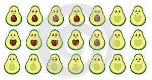 A set of twenty one cute avocado emojis with different emotions.