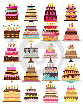 Set of twenty sweet birthday cakes with burning candles.