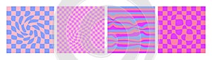 Set of twisted gingham checkerboard, rays and waves background in purple and pink color. Groovy hippie multicolored chessboard