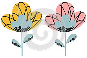 A set of two abstract stylized flowers with pink and yellow buds and pigeon gray stems in a Scandinavian style on a white backgrou