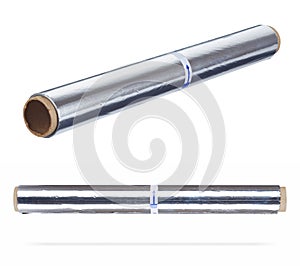 Set of two angles of aluminum foil roll for baking and packaging sealed with a sticker with the direction of twisting