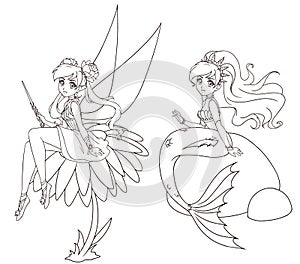 Set of two anime style characters. Mermaid and fairy. Hand drawn vector illustration on a white background for coloring book,