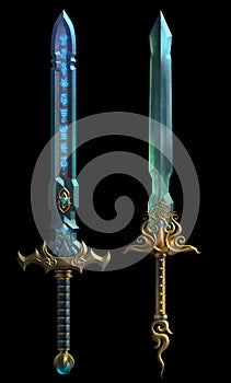 Set of two fantasy swords isolated on black background