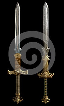 Set of two fantasy swords isolated on black background