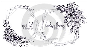 Set of two black and white vector floral frames with bouquets of fansy flowers