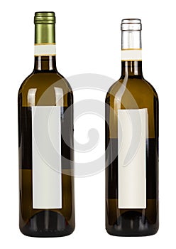 Set of two bottles with blank labels of red wine isolated on white background