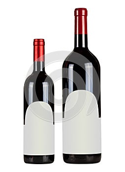 Set of two bottles with blank labels of red wine isolated on white background